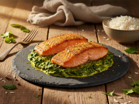 Recette Pavés de saumon curry épinards au Cookeo - Plat principal Française - Photo du plat prêt à déguster