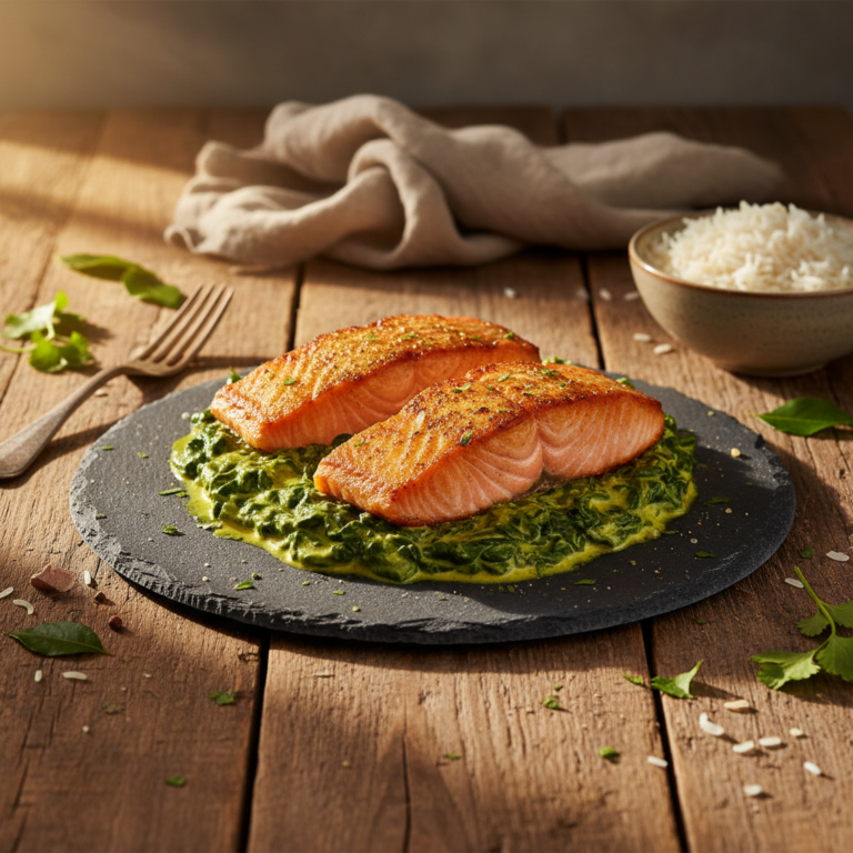 Recette Pavés de saumon curry épinards au Cookeo - Plat principal Française - Photo du plat prêt à déguster