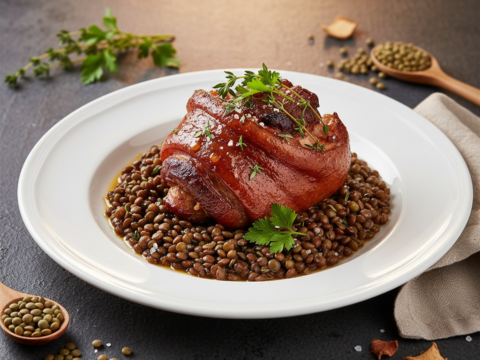 Recette Jarret de porc fumé aux lentilles au Cookeo - Plat principal Française - Photo du plat prêt à déguster