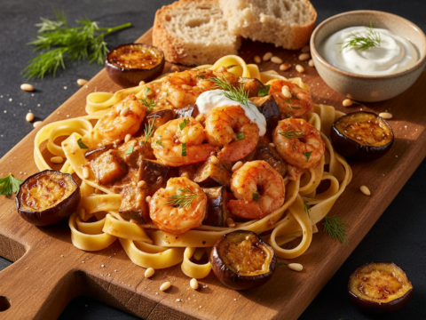 Recette Crevettes Stroganoff aux Aubergines au Cookeo - Plat principal Française - Photo du plat prêt à déguster