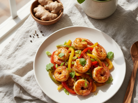 Recette Crevettes au gingembre aux poivrons au Cookeo - Plat principal Chinoise - Photo du plat prêt à déguster