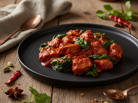 Recette Porc Vindaloo aux Épinards au Cookeo - Plat principal Indienne - Photo du plat prêt à déguster