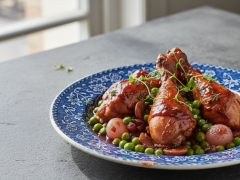 Recette Poulet au vin rouge aux petits pois au Cookeo - Plat principal Française - Photo du plat prêt à déguster