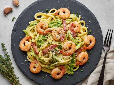 Recette Crevettes carbonara aux choux au Cookeo - Plat principal Italienne - Photo du plat prêt à déguster