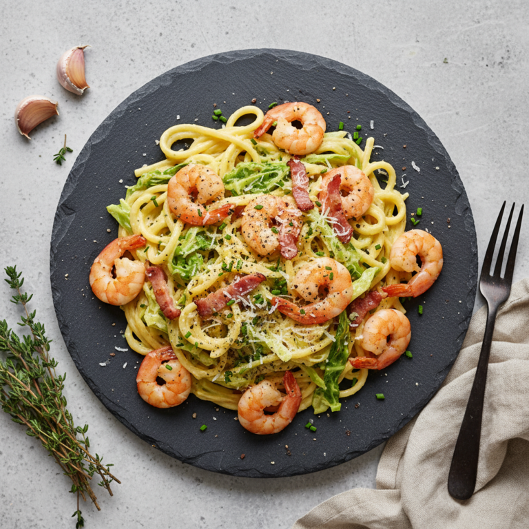 Recette Crevettes carbonara aux choux au Cookeo - Plat principal Italienne - Photo du plat prêt à déguster