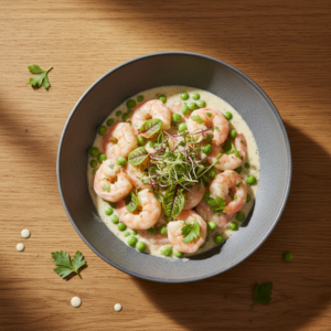 Crevettes à la crème aux petits pois – Recette Cookeo