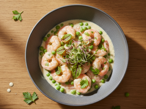 Recette Crevettes à la crème aux petits pois au Cookeo - Plat principal Française - Photo du plat prêt à déguster