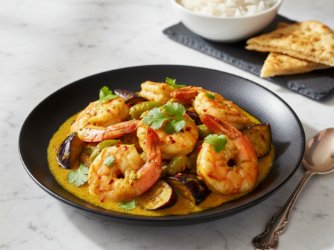 Recette Crevettes au curry aux aubergines au Cookeo - Plat principal Indienne - Photo du plat prêt à déguster