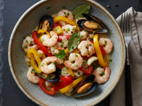 Recette Crevettes marinière aux poivrons au Cookeo - Plat principal Française - Photo du plat prêt à déguster