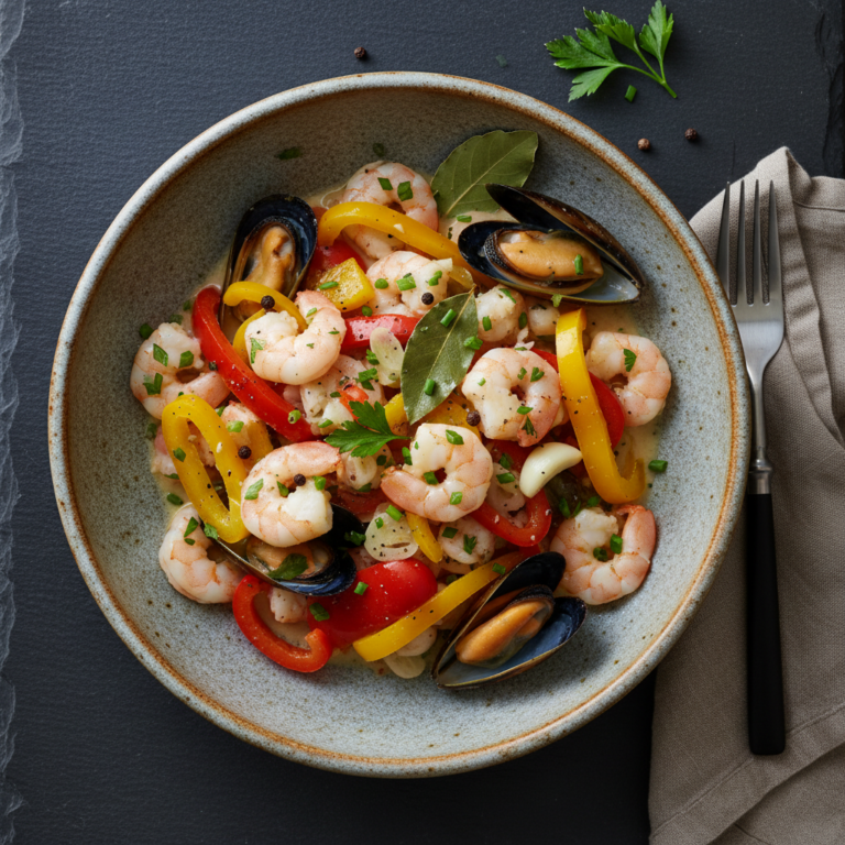 Recette Crevettes marinière aux poivrons au Cookeo - Plat principal Française - Photo du plat prêt à déguster