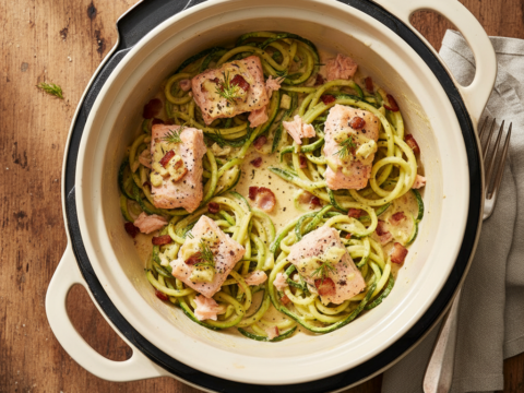 Recette Saumon carbonara aux courgettes au Cookeo - Plat principal Italienne - Photo du plat prêt à déguster
