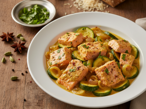 Recette Saumon korma aux courgettes au Cookeo - Plat principal Indienne - Photo du plat prêt à déguster