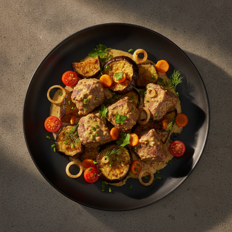 Recette Boeuf à la moutarde aux aubergines au Cookeo - Plat principal Française - Photo du plat prêt à déguster