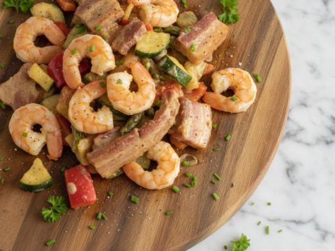 Recette Crevettes carbonara aux légumes au Cookeo - Plat principal Italienne - Photo du plat prêt à déguster