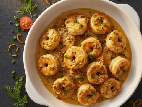 Recette Crevettes à la moutarde à l'orange au Cookeo - Plat principal Française - Photo du plat prêt à déguster