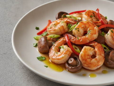 Recette Crevettes braisées aux champignons au Cookeo - Plat principal Méditerranéenne - Photo du plat prêt à déguster