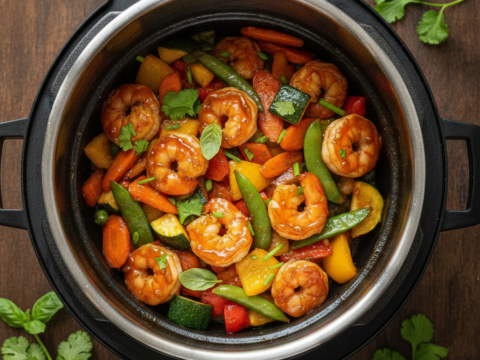 Recette Crevettes caramélisées aux légumes au Cookeo - Plat principal Asiatique - Photo du plat prêt à déguster