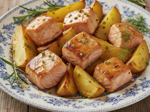 Recette Saumon au miel aux pommes de terre au Cookeo - Plat principal Française - Photo du plat prêt à déguster