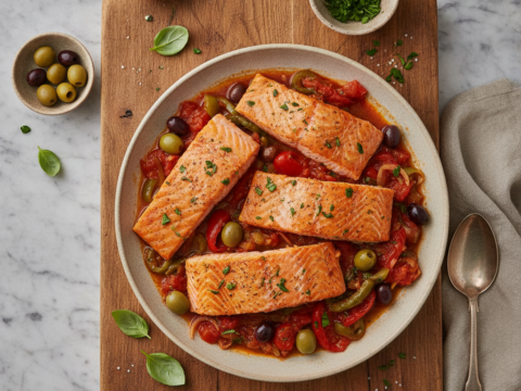 Recette Saumon basquaise aux olives au Cookeo - Plat principal Française - Photo du plat prêt à déguster